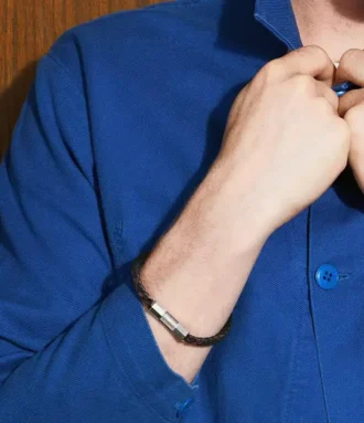 Bracelet à maillons en cuir texturé et acier inoxydable