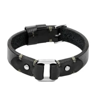 Bracelet robuste en acier inoxydable et cuir noir Bracelet robuste en acier inoxydable et cuir noir