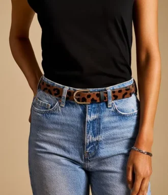 Ceinture D-Link en cuir de veau à poils longs imprimé léopard