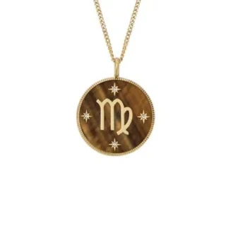 Collier pendentif en acier inoxydable doré avec œil de tigre Virgo Sutton Zodiac