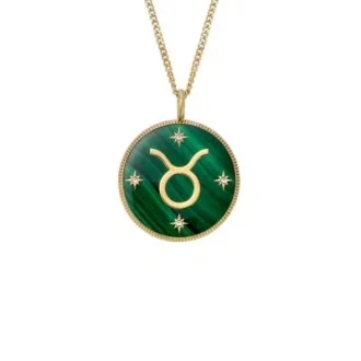 Collier Taurus Sutton Zodiac en acier inoxydable doré avec pendentif en malachite verte