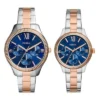 Ensemble de montres multifonctions bicolores en acier inoxydable pour homme et femme