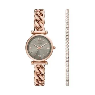 Ensemble montre et bracelet Carlie à trois aiguilles en acier inoxydable doré rose
