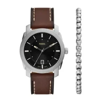 Ensemble montre et bracelet en cuir marron à trois aiguilles et dateur Machine