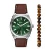 Ensemble montre et bracelet Everett à trois aiguilles avec date, en cuir marron