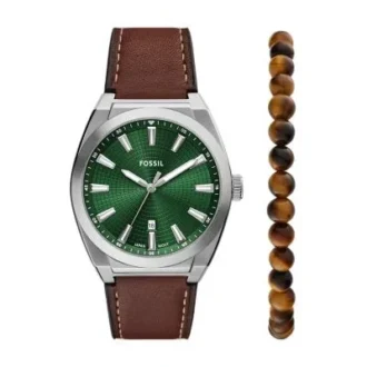 Ensemble montre et bracelet Everett à trois aiguilles avec date, en cuir marron