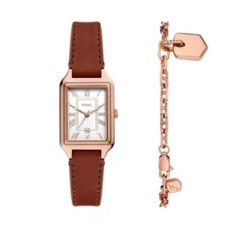 Ensemble montre et bracelet Raquel à trois aiguilles avec date, cuir marron moyen