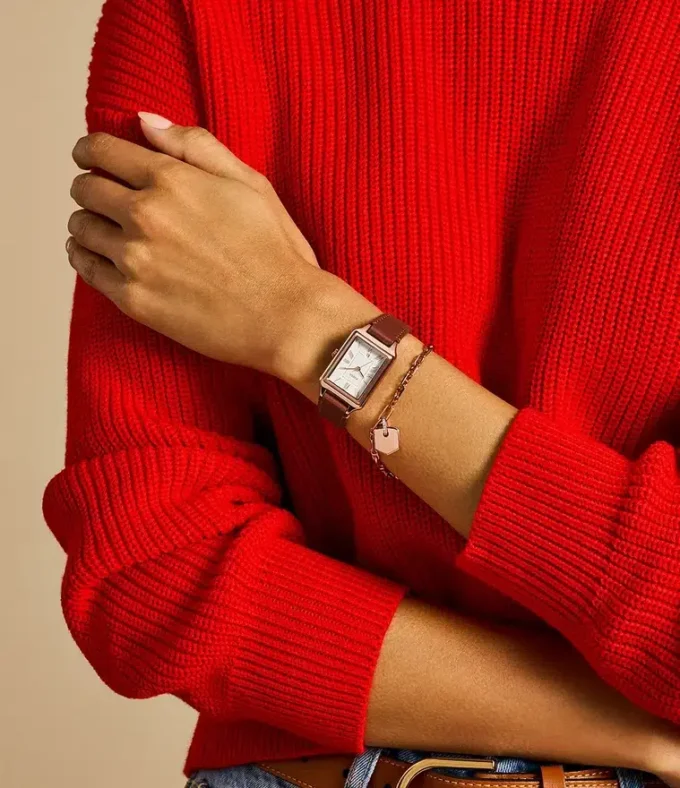 Ensemble montre et bracelet Raquel à trois aiguilles avec date, cuir marron moyen