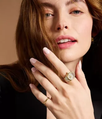 Montre bague à deux aiguilles en acier inoxydable doré