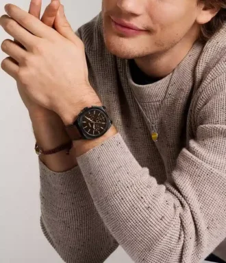 Montre chronographe Everett en cuir marron
