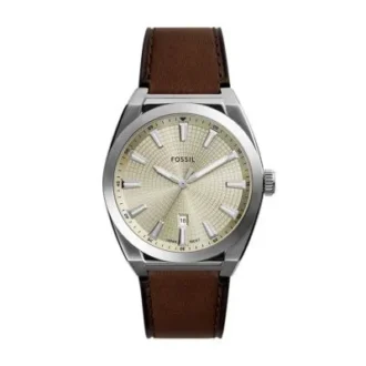 Montre Everett à trois aiguilles avec date, cuir marron