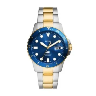 Montre Fossil Blue Dive à trois aiguilles, date et acier inoxydable bicolore