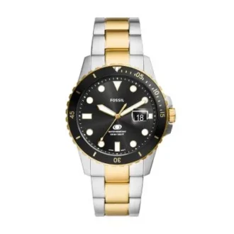 Montre Fossil Blue Dive à trois aiguilles, date et acier inoxydable bicolore