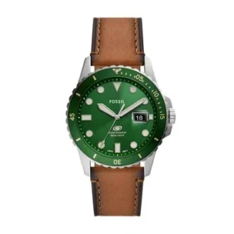 Montre Fossil Blue Dive à trois aiguilles, date et bracelet en cuir LiteHide™ couleur tan