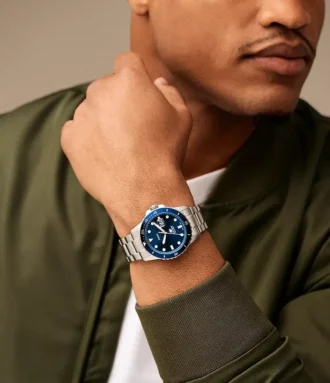 Montre Fossil Blue Dive à trois aiguilles et date en acier inoxydable