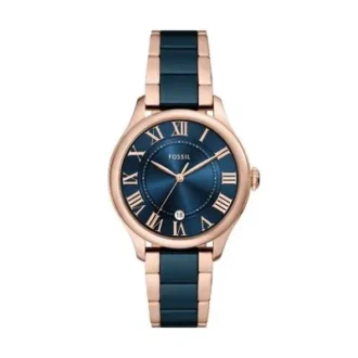 Montre Gilmore à trois aiguilles avec date, couleur or rose et céramique bleu marine