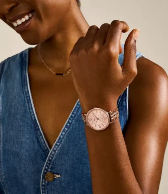 Montre Jacqueline à trois aiguilles en acier inoxydable doré rose