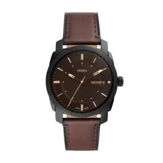Montre mécanique à trois aiguilles avec date, bracelet en cuir marron