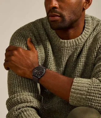 Montre mécanique à trois aiguilles avec date, bracelet en cuir marron