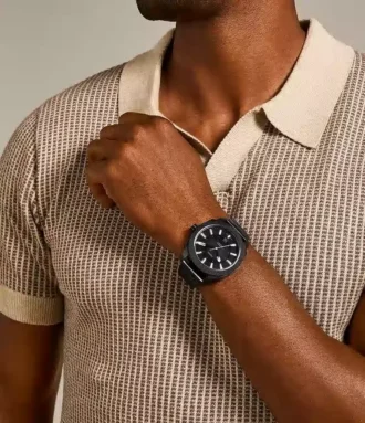 Montre mécanique à trois aiguilles avec date, en acier inoxydable noir