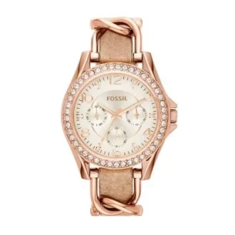 Montre multifonction Riley en cuir couleur or rose et sable Montre multifonction Riley en cuir couleur or rose et sable