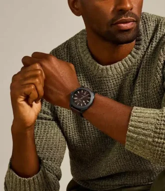 Montre à trois aiguilles avec date, en cuir LiteHide™ marron foncé