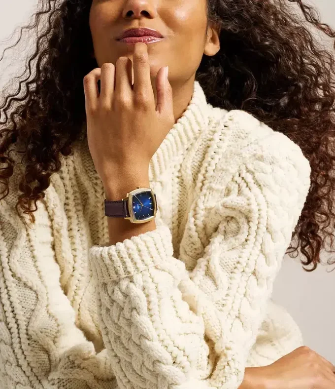 Nick Jonas x Fossil Machine Luxe Blue Vignette Montre à trois aiguilles en cuir croco marron
